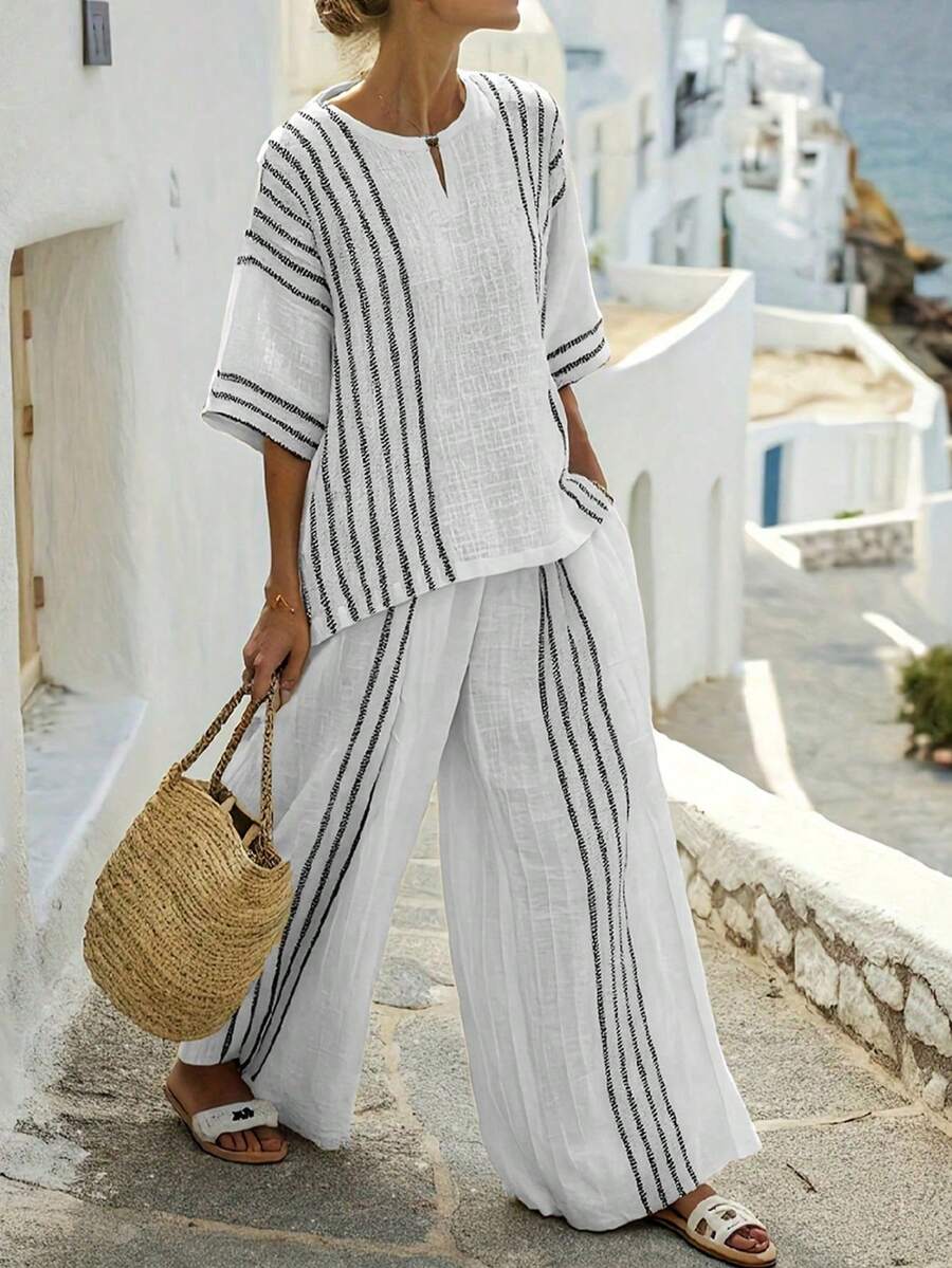 Bộ đồ nữ 2 món gồm áo thun ngắn tay cổ tròn kẻ sọc dọc thanh lịch, kiểu dáng Bohemian, chất liệu vải lanh, thích hợp cho mùa tựu trường, bộ đồ thường ngày hoàn hảo, áo và quần thời trang mùa hè.
