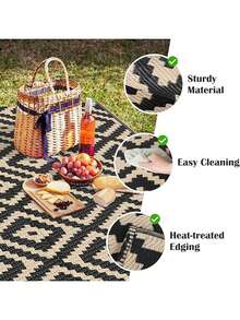 1pc 5x8 Ft Waterproof Outdoor Rug, Reversible Plastic Area Rug, Modern Carpet For Outdoor, RV, Patio, Backyard, Porch, Picnic, Beach, Camping, Black & White - A - View 4