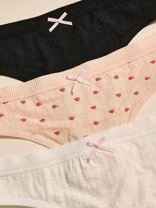 DORSU 3 piezas Bragas tipo tanga con moño lindo para mujer - Cómodas y elásticas, estampado de fresa y floral, diseño de talle bajo, tela suave de mezcla de rayón, ropa interior de moda, con entrejilla 100% algodón - Multicolor - Ver 3