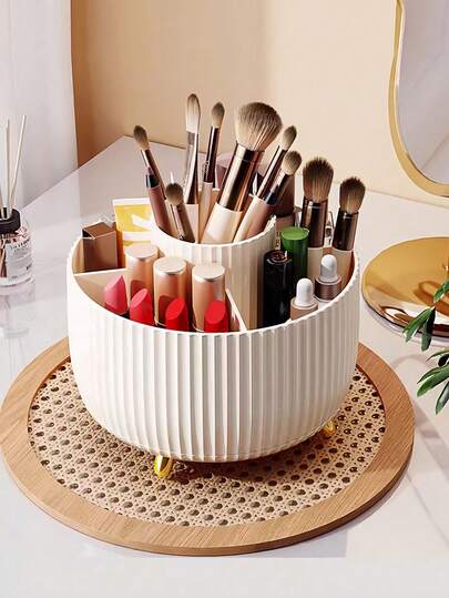 1pc 360° Rotating Makeup Organizer,Stationery Storage Box, Pen Holder Plastic Cosmetic Storage With 5 Compartments,Multi-Functional Desktop Rotating Makeup Organizer Box For Brushes,Lipsticks,Skin Care Products,And Stationery, Unscented Desk Caddy With Luxury Stripe Design