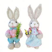 Easter Bunny Decoration Cute Straw Rabbit Figurines Table Centerpiece For Home Farmhouse Holiday Spring Party Tiered Tray Decor - 天藍 - 查看 6