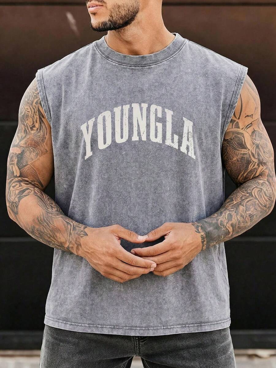 Men's Printed Vintage Washed Vest, Loose Fit, Casual Street Style, A Must-Have Item For Street Wear And The Gym. - Màu Xám nhạt - Xem 1