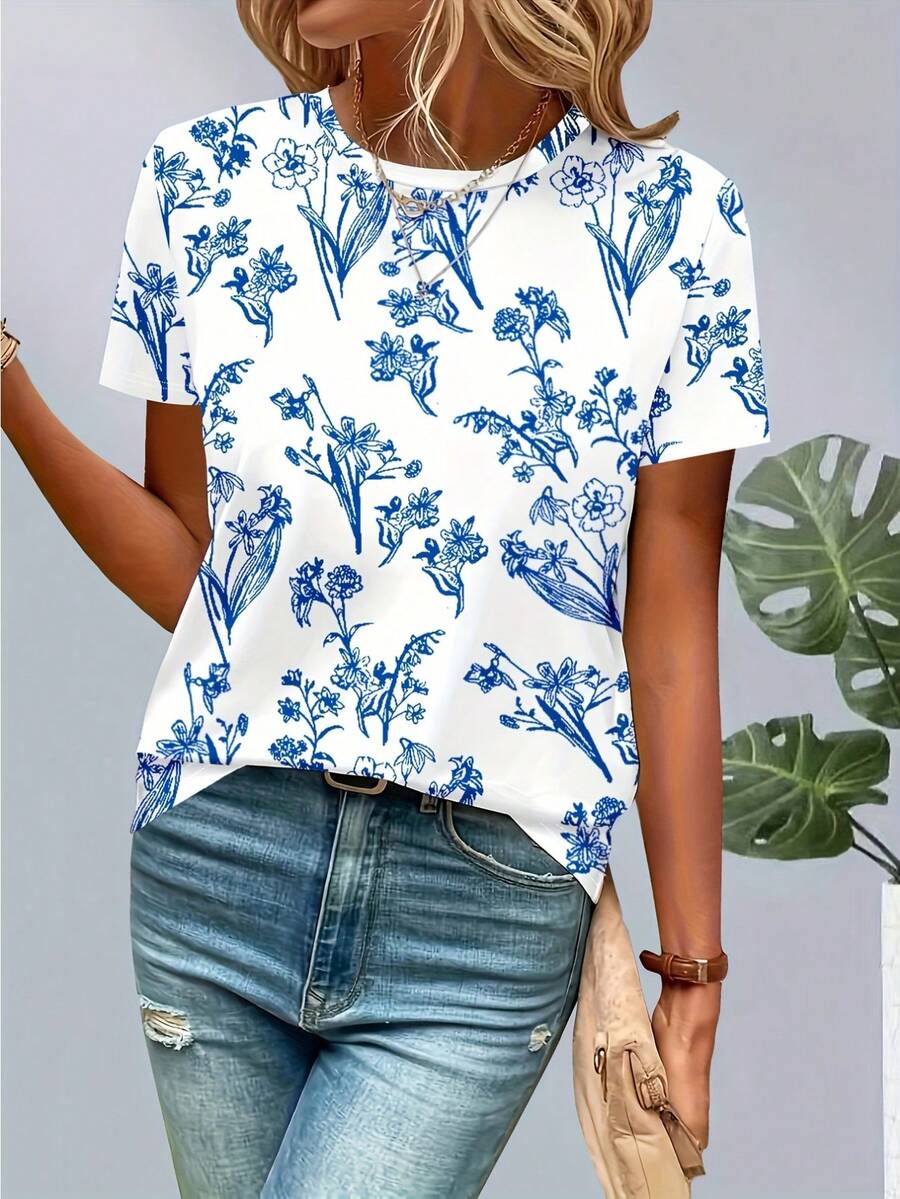 Women's Elegant Floral Print T-Shirt - Short Sleeve Crew Neck Blouse Top, Lightweight Polyester Blend, Casual & Dressy Wear Suitable For Spring Summer Fall, Machine Washable Women's Tees - 彩色 - 查看 1