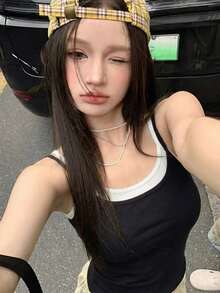 性感露背吊带背心，带胸垫，无袖修身休闲款 - 黑色 - 查看 2