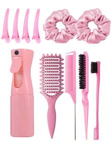 2/4/5/6/11/12件套男女通用美发造型梳套装（新款升级卷发梳、9排尼龙气垫造型梳、蓬松梳、尖尾梳、边缘梳、喷雾瓶、4个鸭嘴夹、美发造型梳套装） - 彩色 - 查看 8