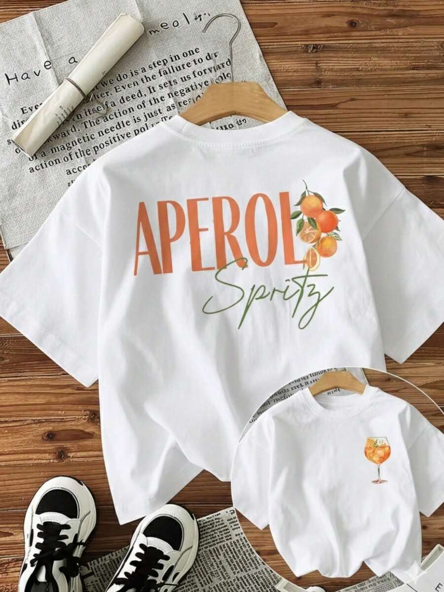 Camiseta Feminina T-SHIRT Blusinha Estampa de Letras Aperol Laranja Estilo Fresh, Top Casual - Branco - Visão 1
