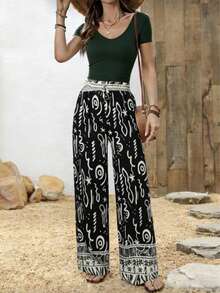 Pantalones exóticos con grafiti, pantalones de cinturón alto con cordón y pierna ancha, ropa de viaje para fotos - Negro - Ver 3