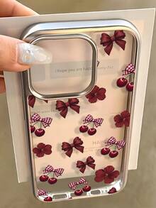 1个电镀透明酒红色樱花蝴蝶结简约独特全包覆TPU防震手机壳，兼容苹果17、16、15、14、13、12、11 Pro Max、Air - 彩色 - 查看 1