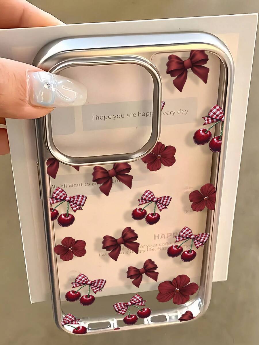 1个电镀透明酒红色樱花蝴蝶结简约独特全包覆TPU防震手机壳，兼容苹果17、16、15、14、13、12、11 Pro Max、Air - 彩色 - 查看 1