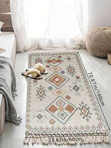 1件手工编织流苏地毯，复古几何图案亚麻卧室/客厅装饰地毯，波西米亚复古可水洗亚麻地毯 - 波西米亞 - 查看 16