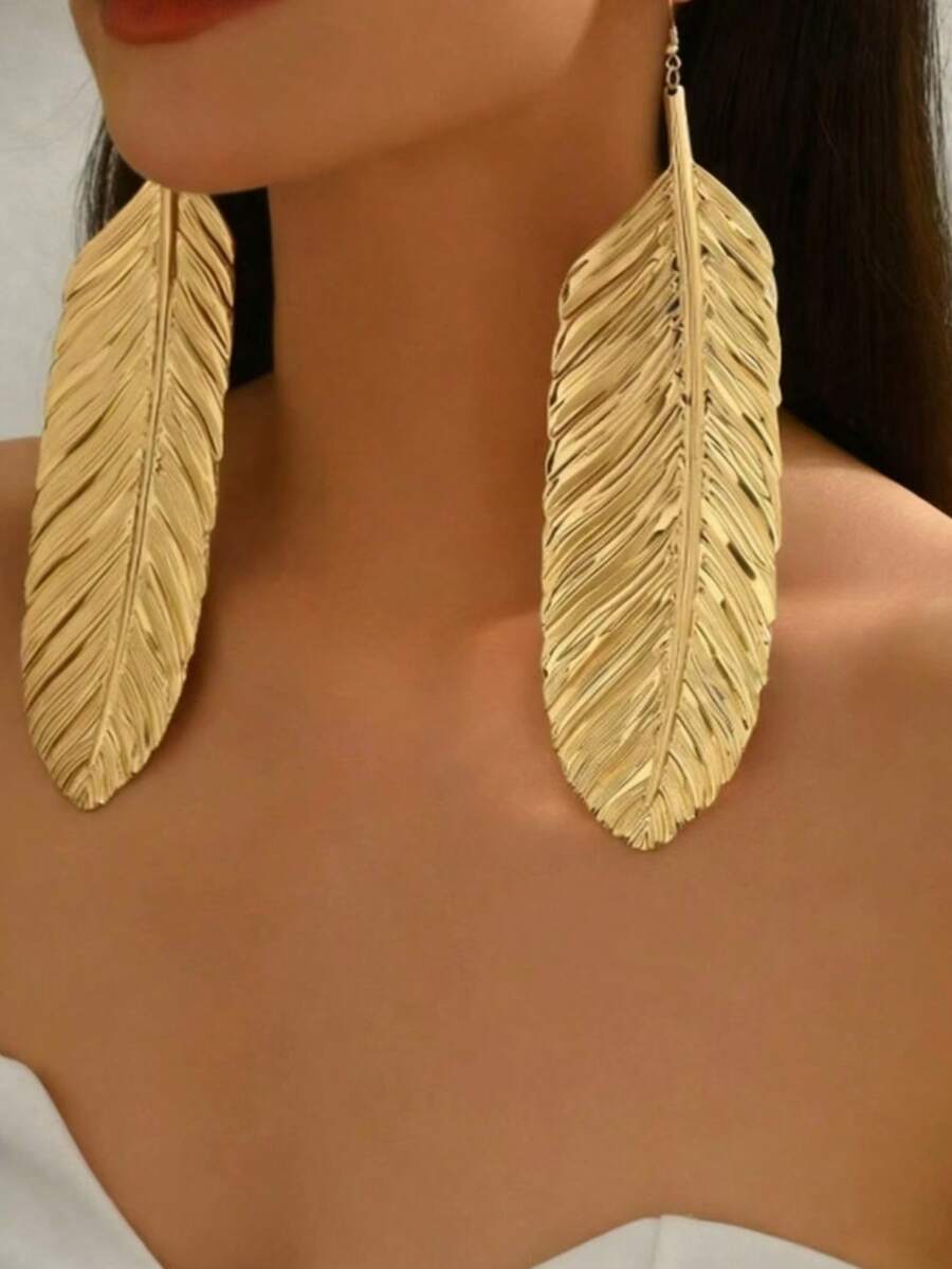 1对时尚简约新款夸张夏季长叶设计个性夸张大叶耳环，适合日常佩戴、宴会、派对、音乐节、母亲节、婚礼、订婚、斋月等场合。 - 金黃色 - 查看 1