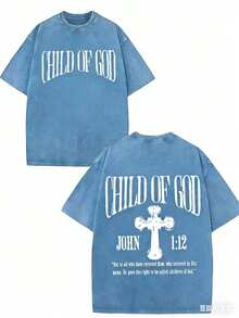 GLEC Child Of God, God Blesses You. Classic Retro Fashion Street Cross Jesus Popular Letter Pattern Print Boutique 230g Washed Cotton T-Shirt, Men's Summer High-Quality Printed Cotton Retro Fashion Retro Brand Loose, Soft And Comfortable Casual Multi-Color T-Shirt, Suitable For Outdoor Wear In Summer, With A Certain Thickness, Daily Wear And Friend Gifts, Back To School Gifts, Children's Gifts2025 - 藍色 - 查看 3