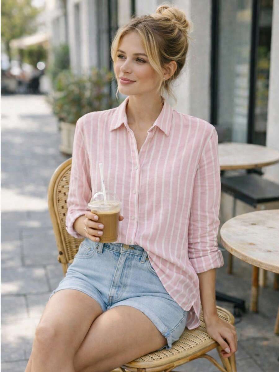 Linen Button-Down Shirt, Beach Cover-Up, Long Sleeves, Striped, Polyester, Button-Down, Vacation, Diary, Travel, Summer. - 粉紅色和白色 - 查看 1