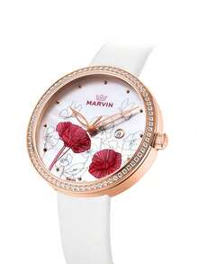 Đồng hồ nữ Thụy Sĩ chạy bằng pin thạch anh, dây da trắng, chống nước 50M, mặt kính sapphire tổng hợp, mặt số họa tiết hoa, đồng hồ nữ. - Hoa hồng vàng - Xem 3