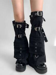 polve 1 Pair Personalized Black Multi-Pocket Reinforced Leg Warmers, Drawstring Y2K Heavy-Duty Design Sexy Bell-Bottom Leg Warmers - Black (suitable for Calf Circumference Up to 38cm) - View 5