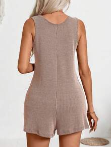 Women's Summer Jumpsuit, Solid Color Sleeveless Ribbed Casual Jumpsuit With Pockets Elegant - Khaki - View 2