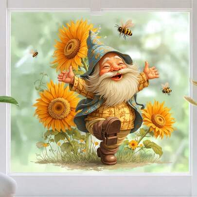 1pc Charming Dancing Dwarf Window Clings | With Vibrant Sunflowers And Butterflies Pattern Design Window Stickers For Glass Decoration, Self-Adhesive Removable PVC Stickers, For Home Living Room Bedroom Window Wall Decor, Single Use