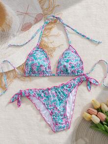Bikini de dos piezas con volantes de encaje floral lindo para mujer, adecuado para vacaciones de verano en la isla, natación y playa - Multicolor - Ver 1