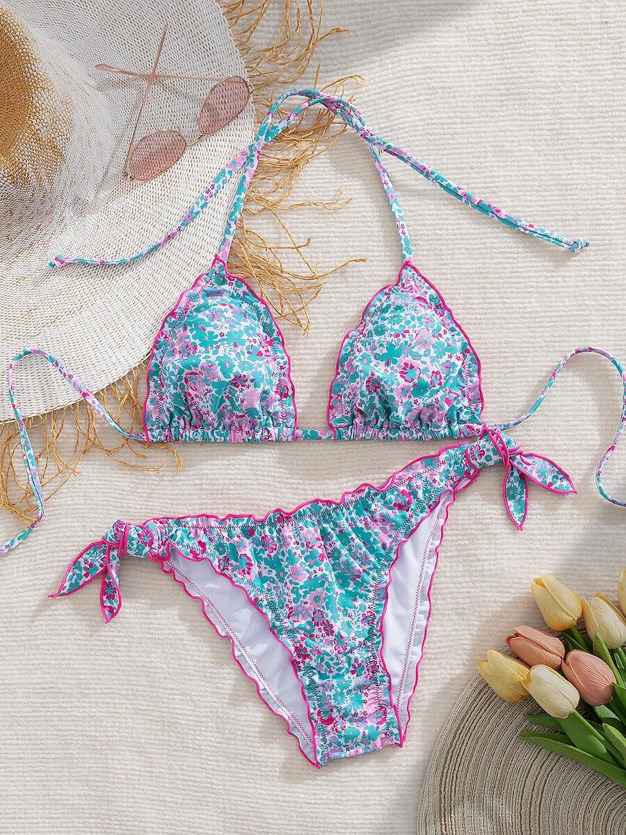 Bikini de dos piezas con volantes de encaje floral lindo para mujer, adecuado para vacaciones de verano en la isla, natación y playa - Multicolor - Ver 1
