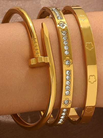 3pcs Trending Gold-Tone Cubic Zirconia Stackable Bangle Set: Minimalist Shimmer Bracelets For Everyday Wear, Mix-And-Match Fashion Jewelry, Wearable Fashion Jewelry Collection, Women's Layering Bangles, Glistening Cubic Zirconia Accessories