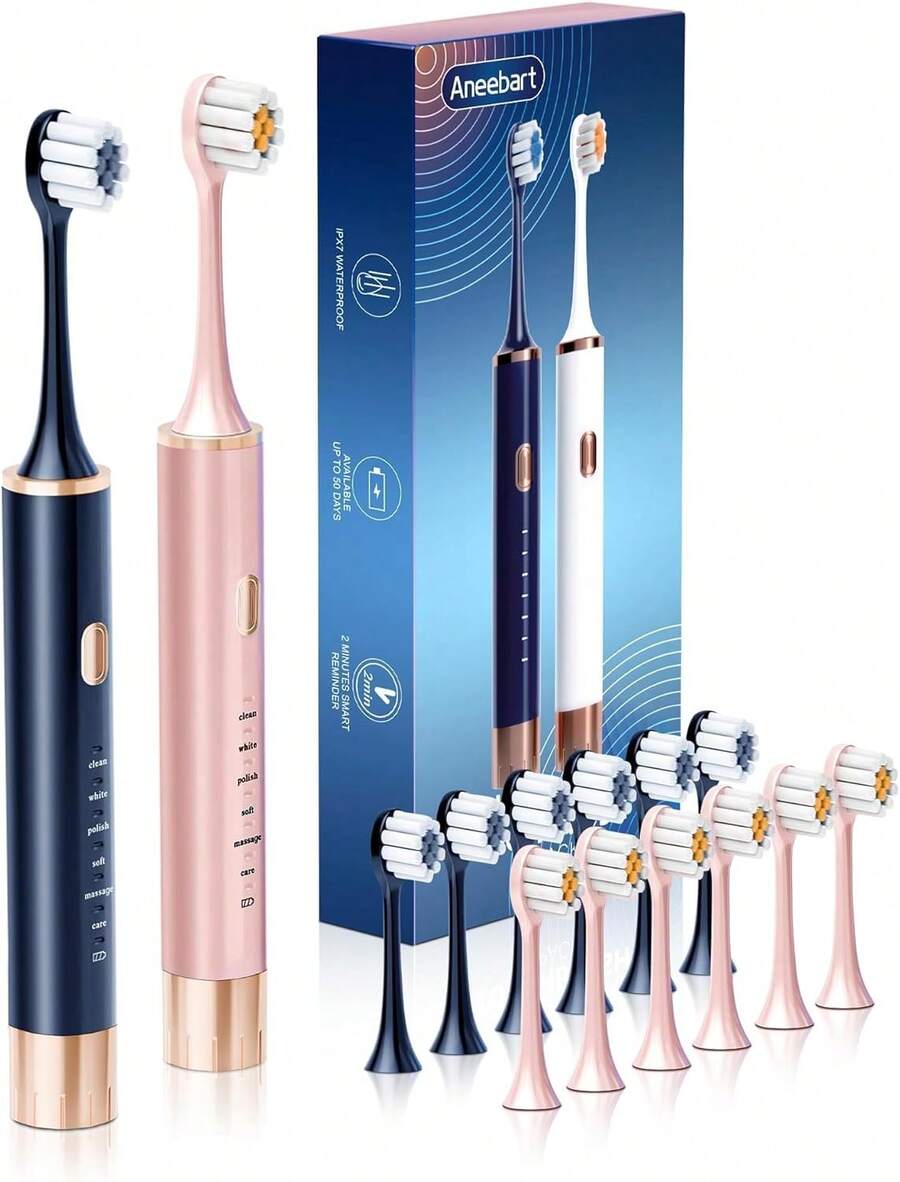 Cepillo de dientes eléctrico para adultos, recargable por USB, con 12 cabezales de cepillo, temporizador inteligente, 6 modos - Azul, Blanco - Ver 1