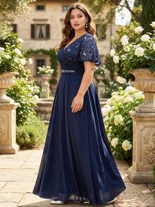Butterfly Sleeve V-Neck Floral Lace Patchwork Chiffon Diamond Waist Belt Long Evening Dress, Suitable For Wedding Guests, Valentine's Day, Summer, Birthday, Graduation, Back To School And Other Occasions - Navy Blue - View 6