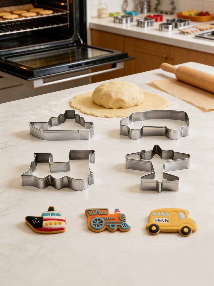 4pcs Stainless Steel Transportation Shaped Cookie Cutter, DIY Cake Baking Tools, Plane Car Biscuit Mold - View 1