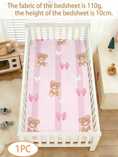 1PC Baby Bedding, Cute Teddy Bear Butterfly Festival Pattern 110g Single Bed Sheet, Made Of Polyester Material, Digital Printing, Elastic Rope Design, Suitable For Decorating The Baby'S Bedroom In All Seasons, Gift Holiday Baby Crib, No Pillowcase.
