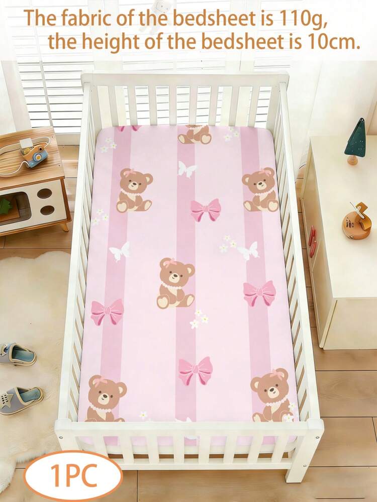 1PC Baby Bedding, Cute Teddy Bear Butterfly Festival Pattern 110g Single Bed Sheet, Made Of Polyester Material, Digital Printing, Elastic Rope Design, Suitable For Decorating The Baby'S Bedroom In All Seasons, Gift Holiday Baby Crib, No Pillowcase. - Multicolor - View 1