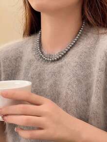 一套女士串珠项链，银灰色珍珠项链，适合女士佩戴，复古时尚颈链，锁骨链，感恩节、圣诞节、情人节节日礼物 - 灰色 - 查看 1