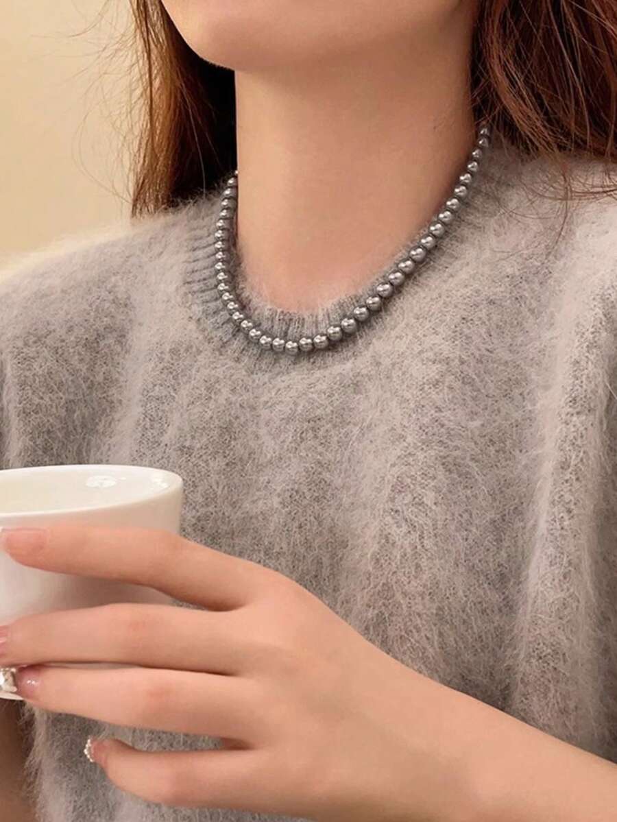 一套女士串珠项链，银灰色珍珠项链，适合女士佩戴，复古时尚颈链，锁骨链，感恩节、圣诞节、情人节节日礼物 - 灰色 - 查看 1