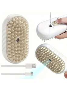 Cepillo eléctrico recargable por USB para masaje y pulverización de agua para mascotas, accesorio de 3 en 1 para eliminar el pelo de gato, Cepillo de vapor de silicona portátil de autolimpieza para gatos y perros, masaje cómodo y eliminación de pelo, cuidado del pelo - Blanco - Ver 3