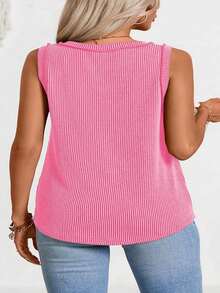 Plus Size Women Ribbed Crew Neck Top, Casual Summer Vacation Style - 玫紅色 - 查看 2