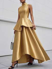 Vuslat 女士奢华无袖立领缎面褶裥腰身优雅不对称长款晚礼服，适合正式派对、毕业典礼、聚会、婚礼及其他正式场合，优雅时尚的A字廓形 - 金色 - 查看 6