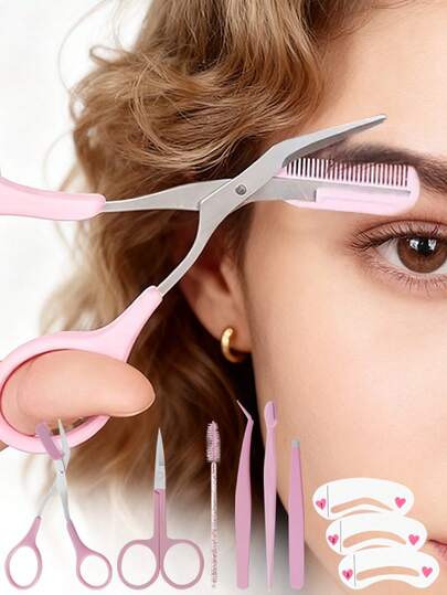 CIMACA 7合1便携式修眉工具套装，适合日常化妆和旅行，包含眉剪、眉刷、眉镊、眉形模板