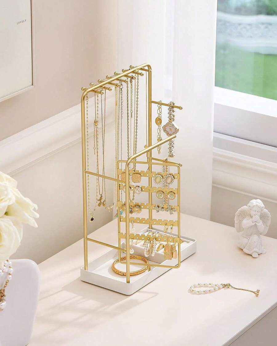 Gold Rotating Jewelry Stand Holder With Ring Tray, No-Assembly Design, Spinning Earring Bracelet Necklace Organizer For Dorm Room Vanity Decor - 金色 - 查看 1