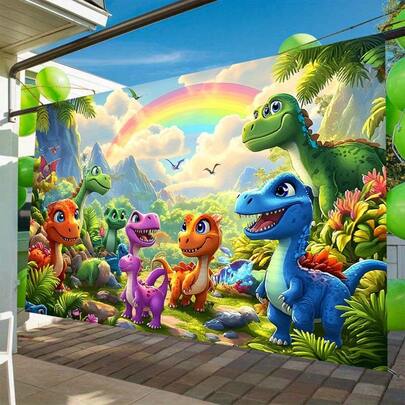 1. 派对横幅，印有各种卡通恐龙图案，适合用作背景装饰和拍照道具。涤纶材质，可用于家居房间和墙面装饰，也可用作派对背景和横幅，多种场景和尺寸可供选择。