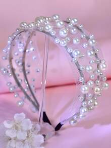 1pc Elegant White Pearl Headband, Fashionable Minimalist Mesh Hollow Wide Hairband, Suitable For Bride, Wedding, Celebration, Date, Outing, Holiday Party, Gift, Casual Wear - White - View 2