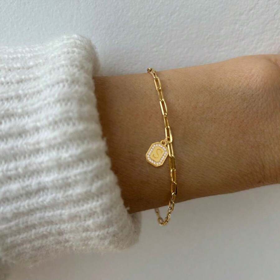 1件简约经典字母吊坠金色不锈钢回形针链手链，女士款 - 金黃色 - 查看 1