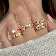 4件套简约优雅心形水钻戒指，独特设计叠戴戒指套装，生日、情人节礼物 - 金色 - 查看 8