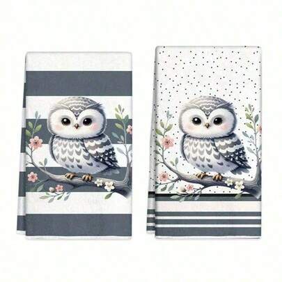 2 piezas Juego de toallas de cocina con diseño de búho lindo, paño de platos suave y muy absorbente, toalla de té para hornear, regalo de inauguración de la casa para amigos, accesorios de cocina, decoración, artículos de primera necesidad diaria
