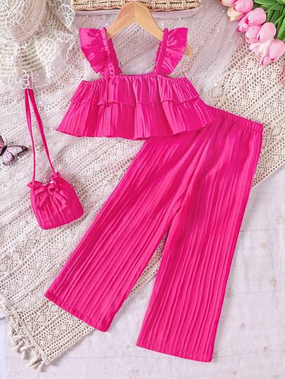 女童荷叶边吊带背心和阔腿裤两件套，配有装饰小袋，甜美时尚的夏季套装