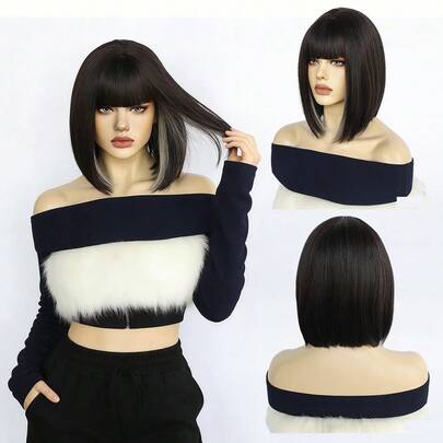 Black & Grey Peekaboo Highlighted Bob Wig With Bangs, High-Temperature Fiber & DIY-Editable, Perfect For Daily Commute, Parties & Music Festivals, Comfortable & Easy To Maintain