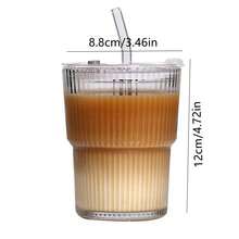 1pc Ins Style Striped Glass Coffee Cup With Lid And Straw, Portable Minimalist Design, Can Hold Water, Tea Or Coffee, Round Shape, 400ml Capacity - Multicolor - View 2