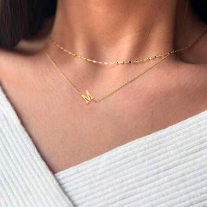 2Pcs/Set New Classic Initial Pendant Golden Stainless Steel Lip Layered Chain Choker Necklaces For Women
