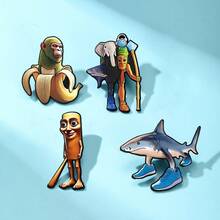 4pcs Men's Mountain And Sea Classic Abstract Quirky Wooden Stick Figure, Banana, Monkey, Shark Metal Brooch Pin, Casual Wear, Holiday Gift - Multicolor - View 2