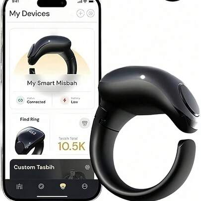 Premium Smart Tasbih Counting Ring, 4-Digit Waterproof, APP Connected, Adjustable Prayer Counter, Black Unisex Fitness Tracker