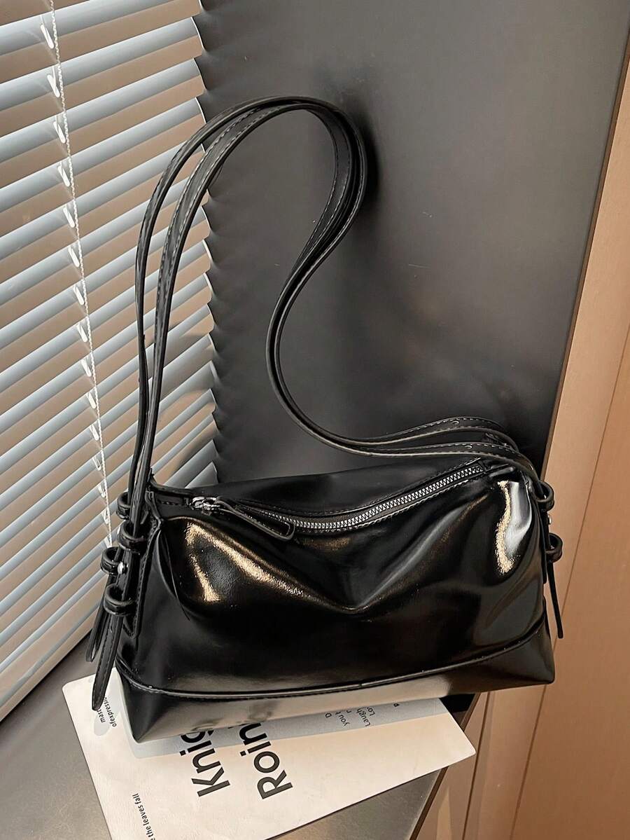 Women's Glossy PU Leather Large Capacity Shoulder Bag, Zipper Closure Minimalist Lightweight Crossbody Bag, Suitable For Commuting - Black - View 1