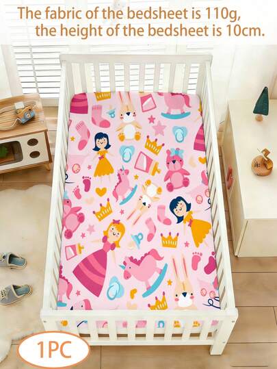 1PC Baby Bedding, Princess Trojan Bear Pattern 110g Single Bed Sheet, Made Of Polyester Material, Digitally Printed, With Elastic Rope Design, Suitable For Decorating The Baby'S Bedroom In All Seasons, Gift For Holiday Baby Beds, No Pillowcase.