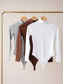 Women's Bodysuit Kit, High Neck, Long Sleeve, Second Skin, Basic, Versatile, Fashion Blogger Style, - GRAY-cOFFEE-wHITE - View 1